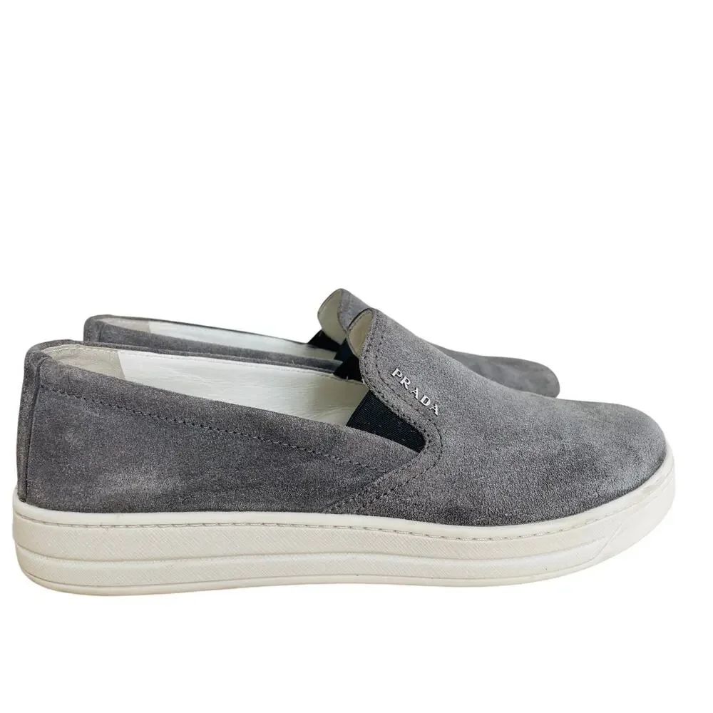 Prada Gray Suede Slip On Sneakers Womens 7 Leather Lined